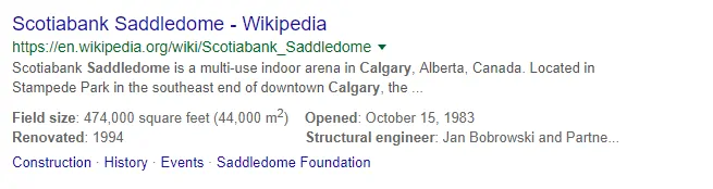 Saddledome example of Schema Markup