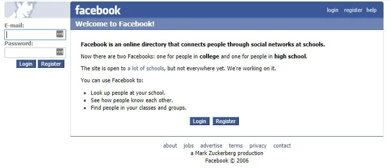 Facebook homepage in 2005-2006