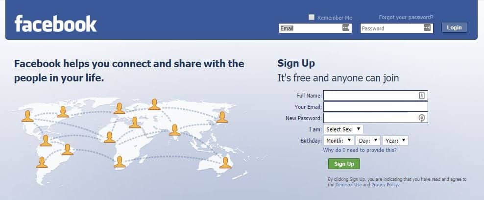 Facebook homepage in 2008