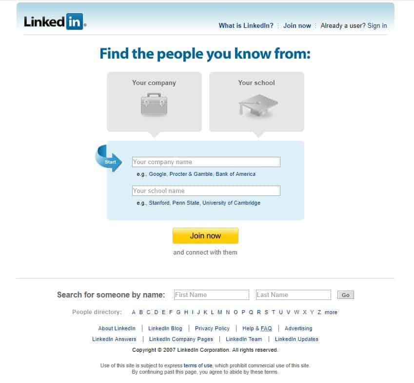 LinkedIn homepage in 2007