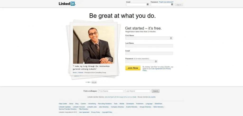 LinkedIn homepage in 2012