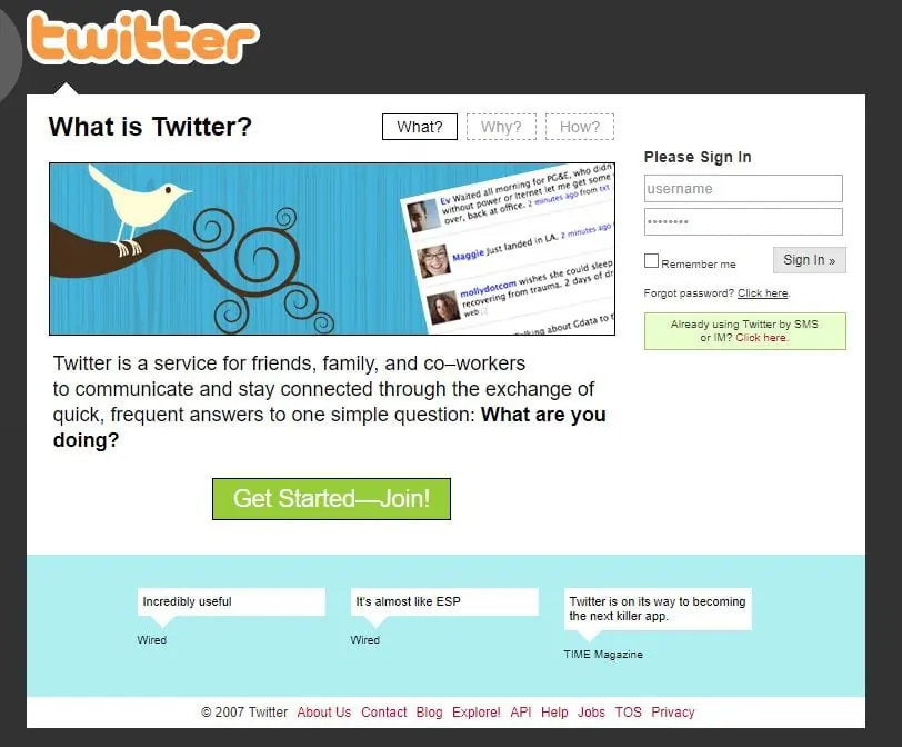 Twitter homepage in 2007