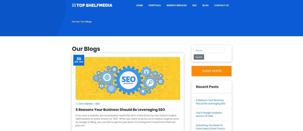Example of interior page website elements